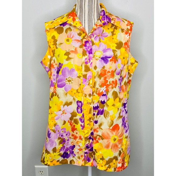 Vintage 70s Lady Manhattan Vibrant Floral Sleeveless Top Belted Size Large Retro - Picture 6 of 11